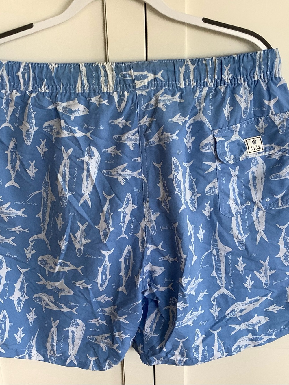 Peter Millar Blue & White Fish-Print Swim Trunks